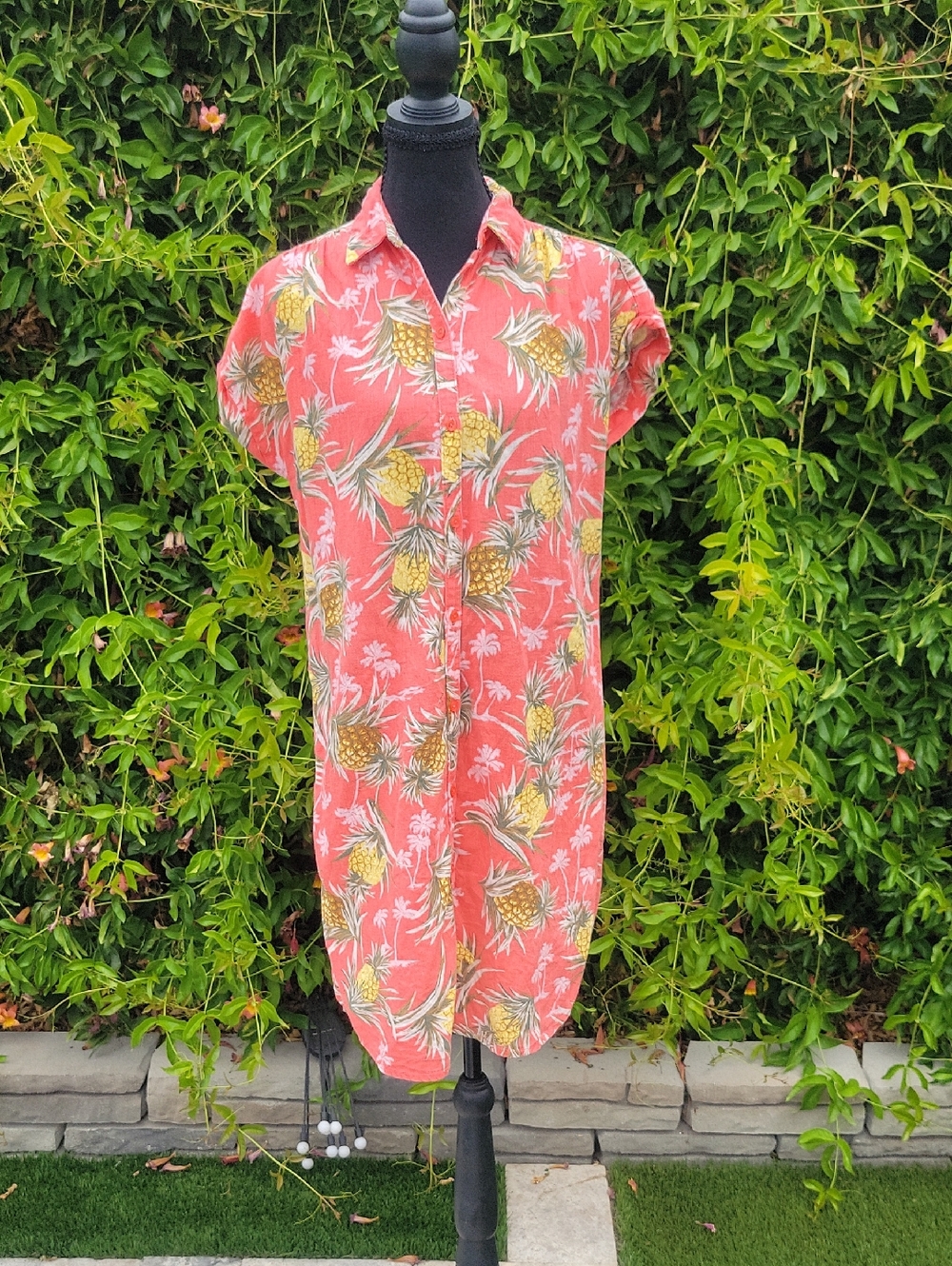 Coral Pineapple Print Linen Blend Button-Up Shirt Dress S